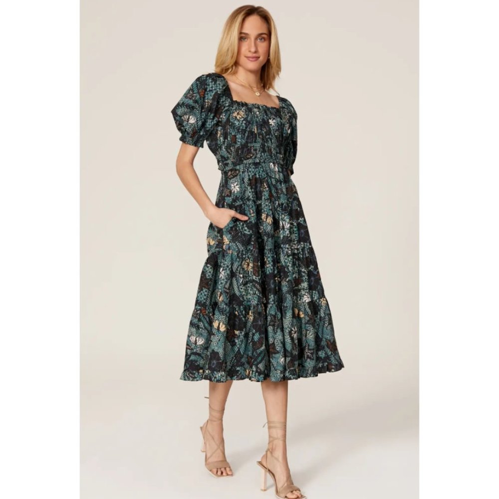 Ulla Johnson Printed Iliana Dress Blue and Black Batik Cotton Poplin Size 14